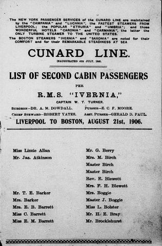 Massachusetts Boston Passenger Lists Index 1906 RMS Ivernia