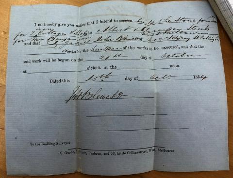 Notice to Build No.1809 - J W Blewett Builder for M Benjamin, 1855