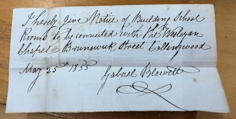 Notice to Build No.570 - Gabriel Blewett Builders for Wesleyan Chapel Trustees, 1855