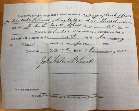 Notice to Build No.88 - John W Blewett Builder for J W Blewett, 1855