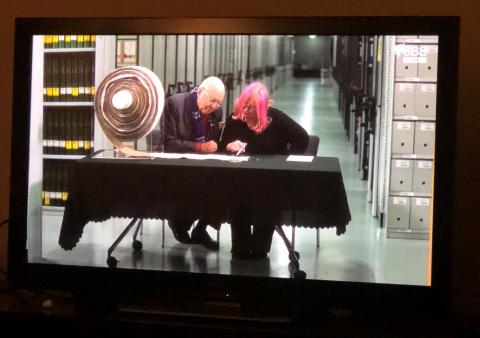 Bert Newton with Helen Morgan, viewing the 1891 Victorian women's suffrage petition, 2020.